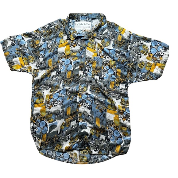 90's Vintage MAXX FM Button Up Shirt Abstract Art Print Size Large - Picture 1 of 9